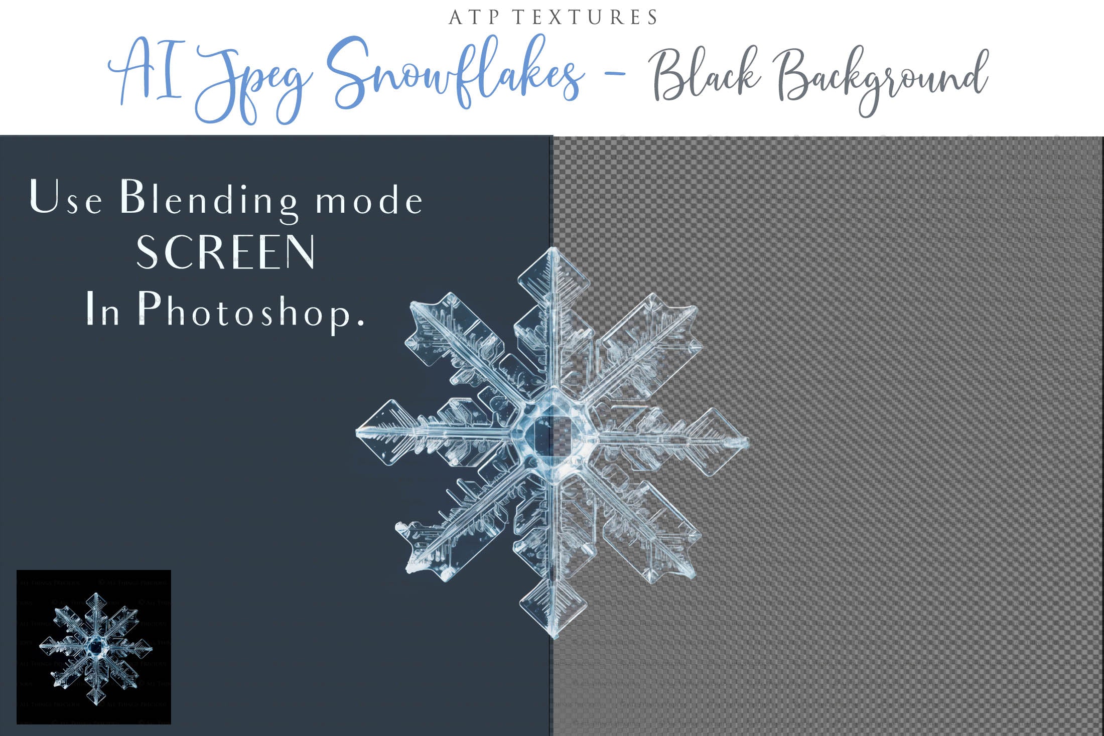 Real Snowflake Overlays & Brushes! A gorgeous addition to your beautiful photography, scrapbooking or digital art work! This set includes 60 Png Overlays 60 Jpeg Overlays 80 Photoshop brushes Instructions are included. All PNG overlays are 300dpi in high resolution.